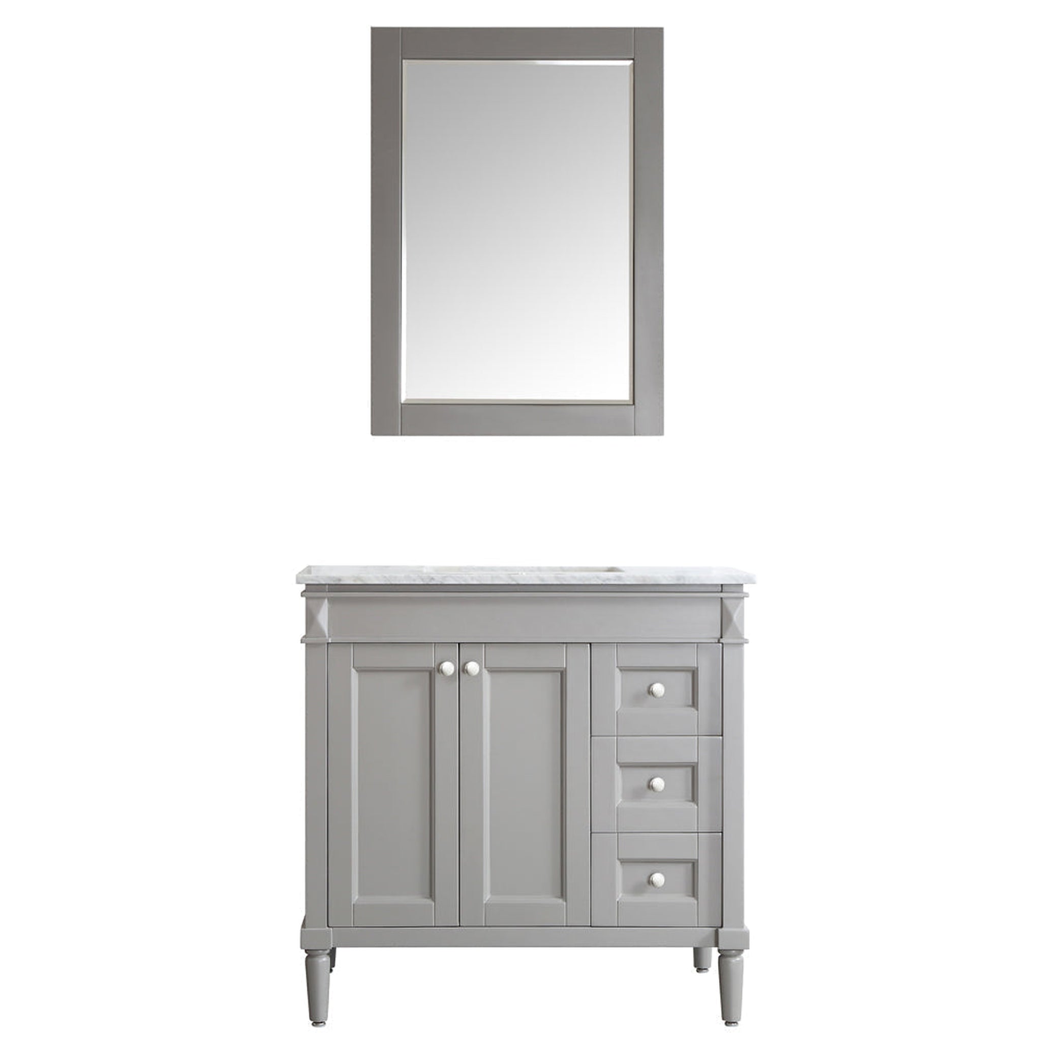 Vinnova, Vinnova Catania 37" Gray Freestanding Single Vanity Set In White Carrara Marble Top With Undermount Ceramic Sink and Mirror