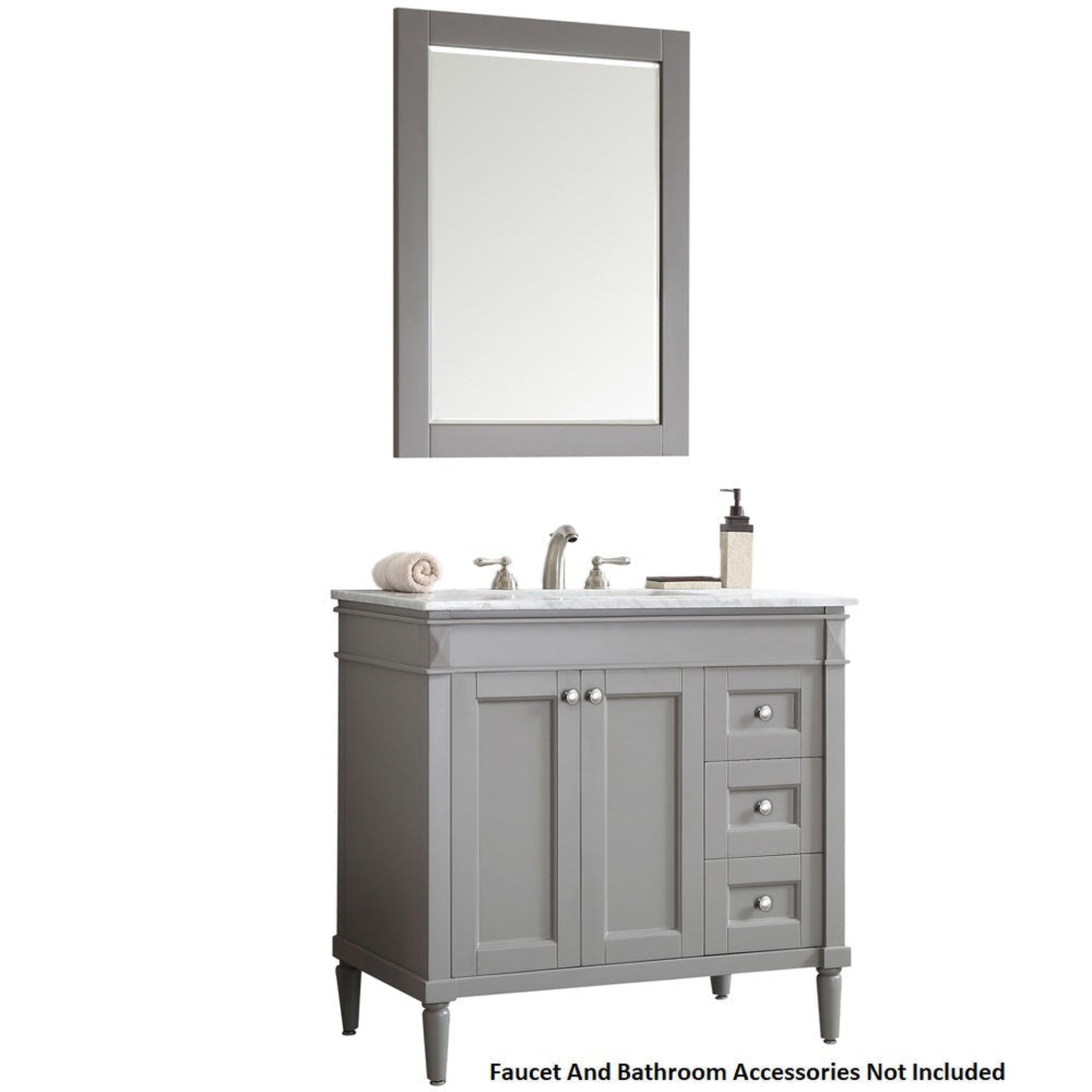 Vinnova, Vinnova Catania 37" Gray Freestanding Single Vanity Set In White Carrara Marble Top With Undermount Ceramic Sink and Mirror