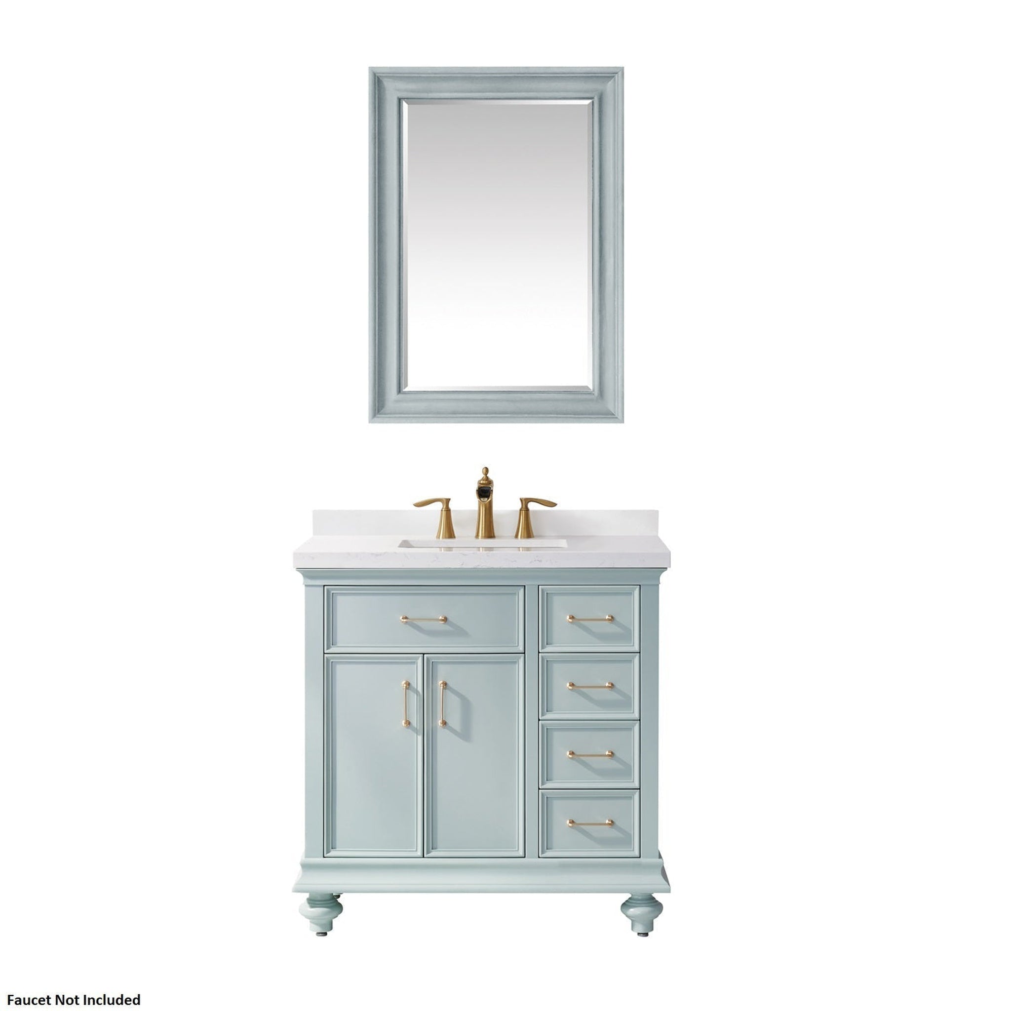 Vinnova, Vinnova Charlotte 36" Finnish Green Freestanding Single Vanity Set In White Carrara Composite Quartz Stone Top With Undermount Ceramic Sink, Backsplash and Mirror