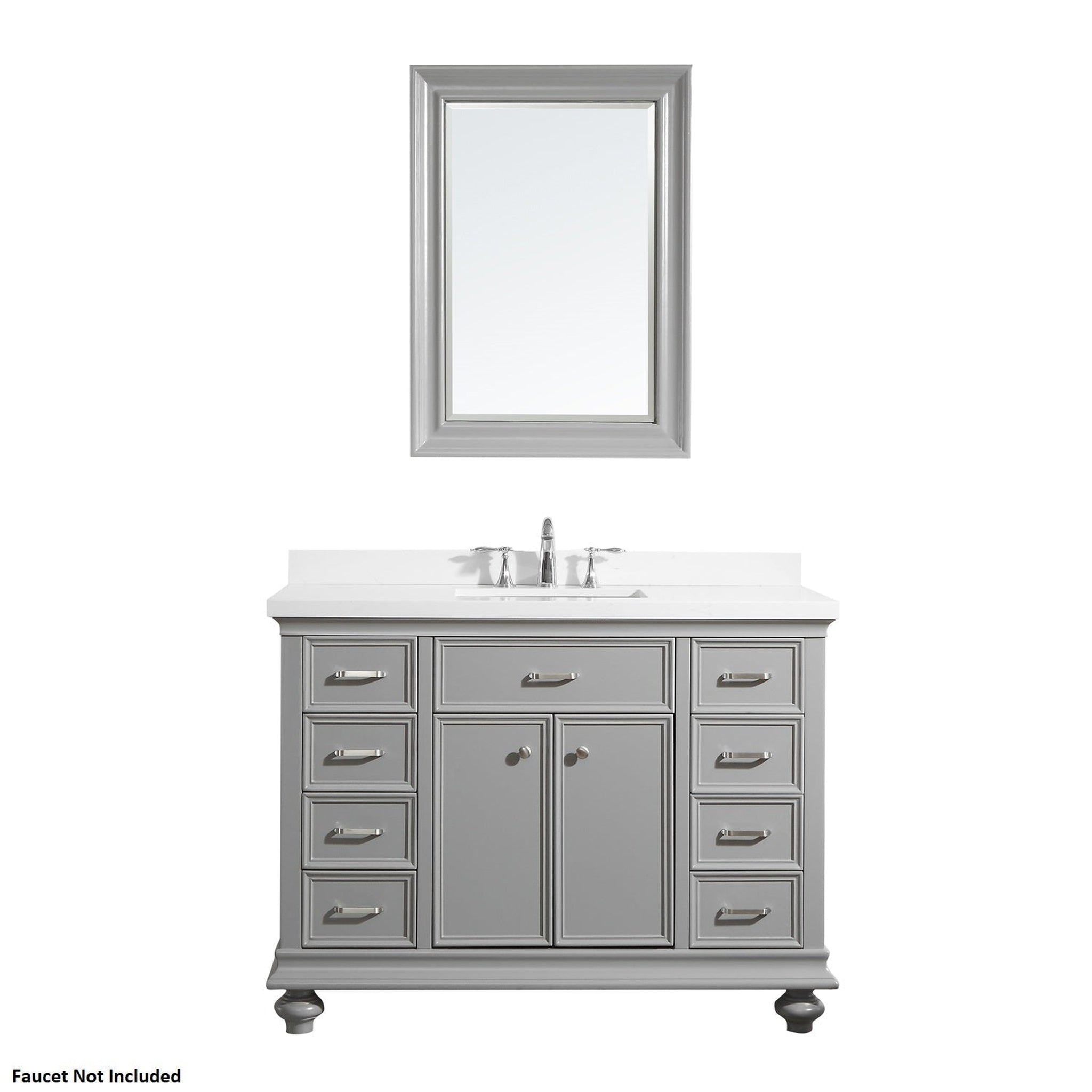 Vinnova, Vinnova Charlotte 48" Gray Freestanding Single Vanity Set In White Carrara Composite Quartz Stone Top With Undermount Ceramic Sink, Backsplash and Mirror