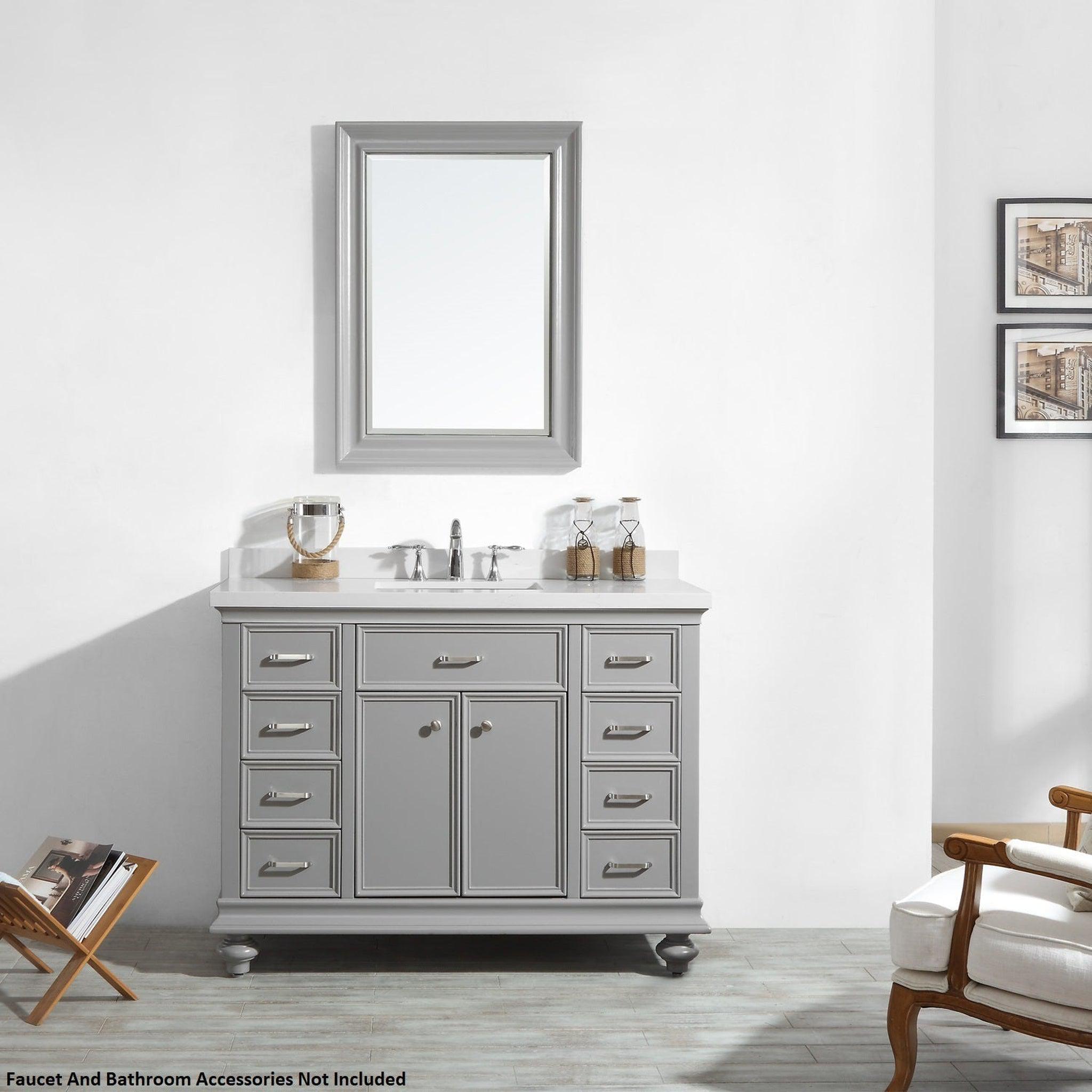 Vinnova, Vinnova Charlotte 48" Gray Freestanding Single Vanity Set In White Carrara Composite Quartz Stone Top With Undermount Ceramic Sink, Backsplash and Mirror