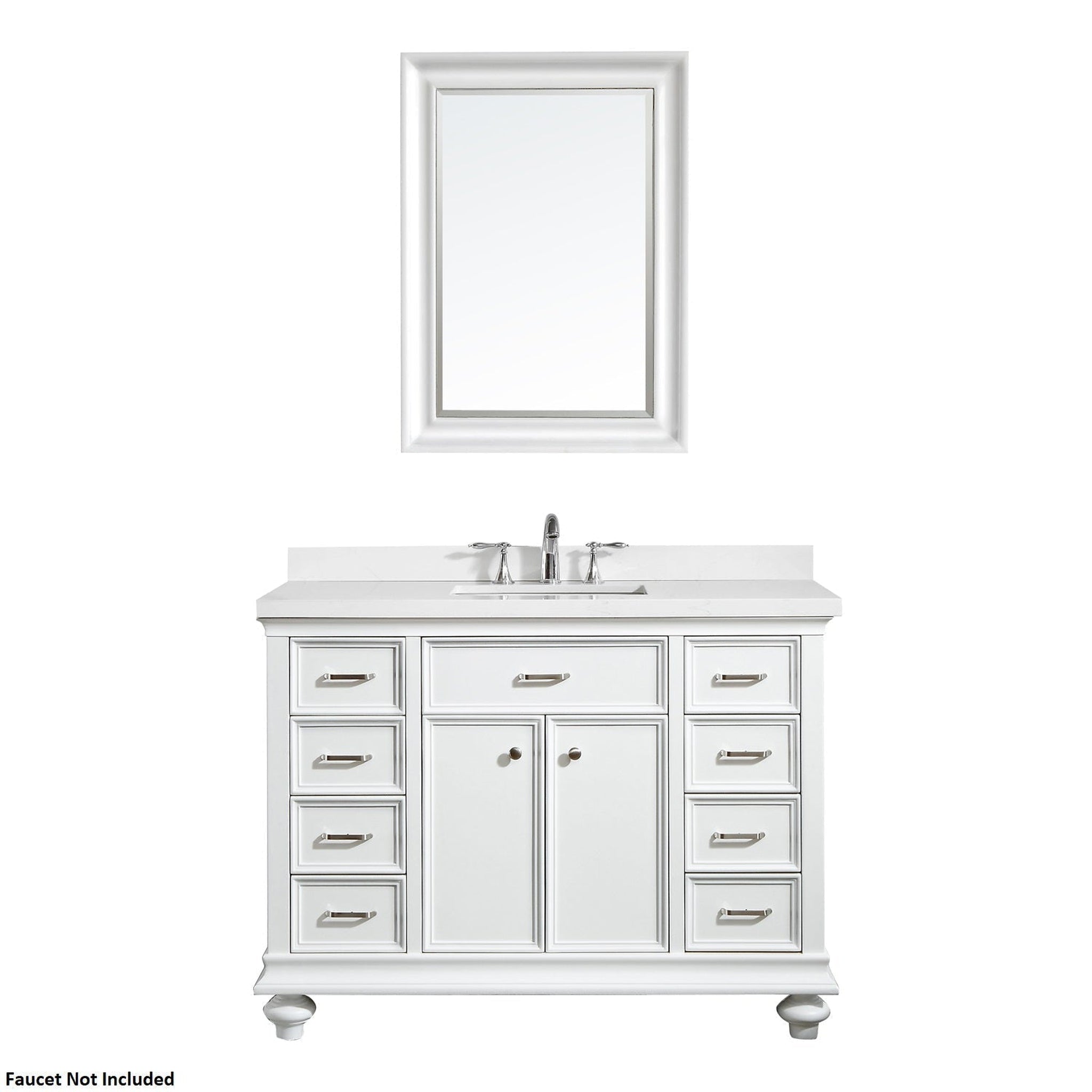 Vinnova, Vinnova Charlotte 48" White Freestanding Single Vanity Set In White Carrara Composite Quartz Stone Top With Undermount Ceramic Sink, Backsplash and Mirror