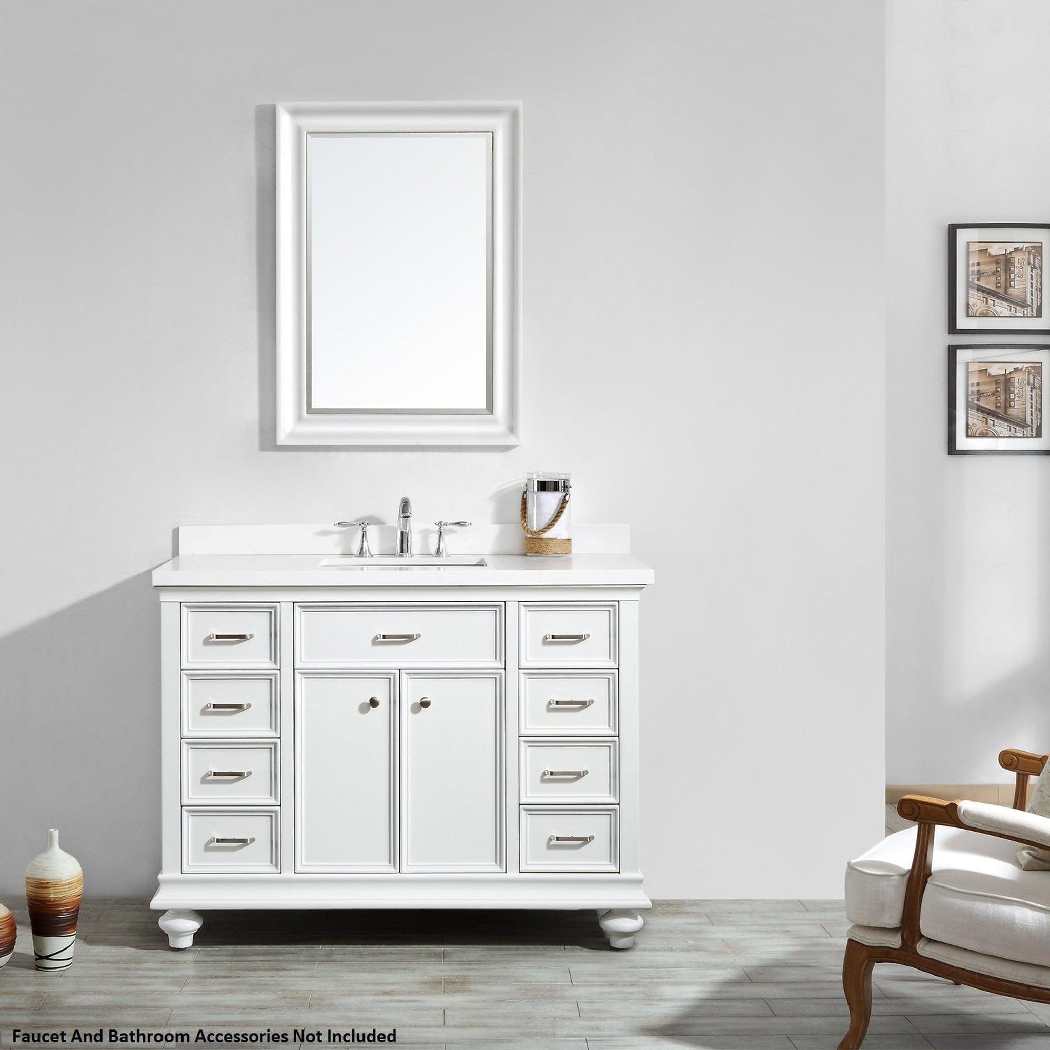 Vinnova, Vinnova Charlotte 48" White Freestanding Single Vanity Set In White Carrara Composite Quartz Stone Top With Undermount Ceramic Sink, Backsplash and Mirror