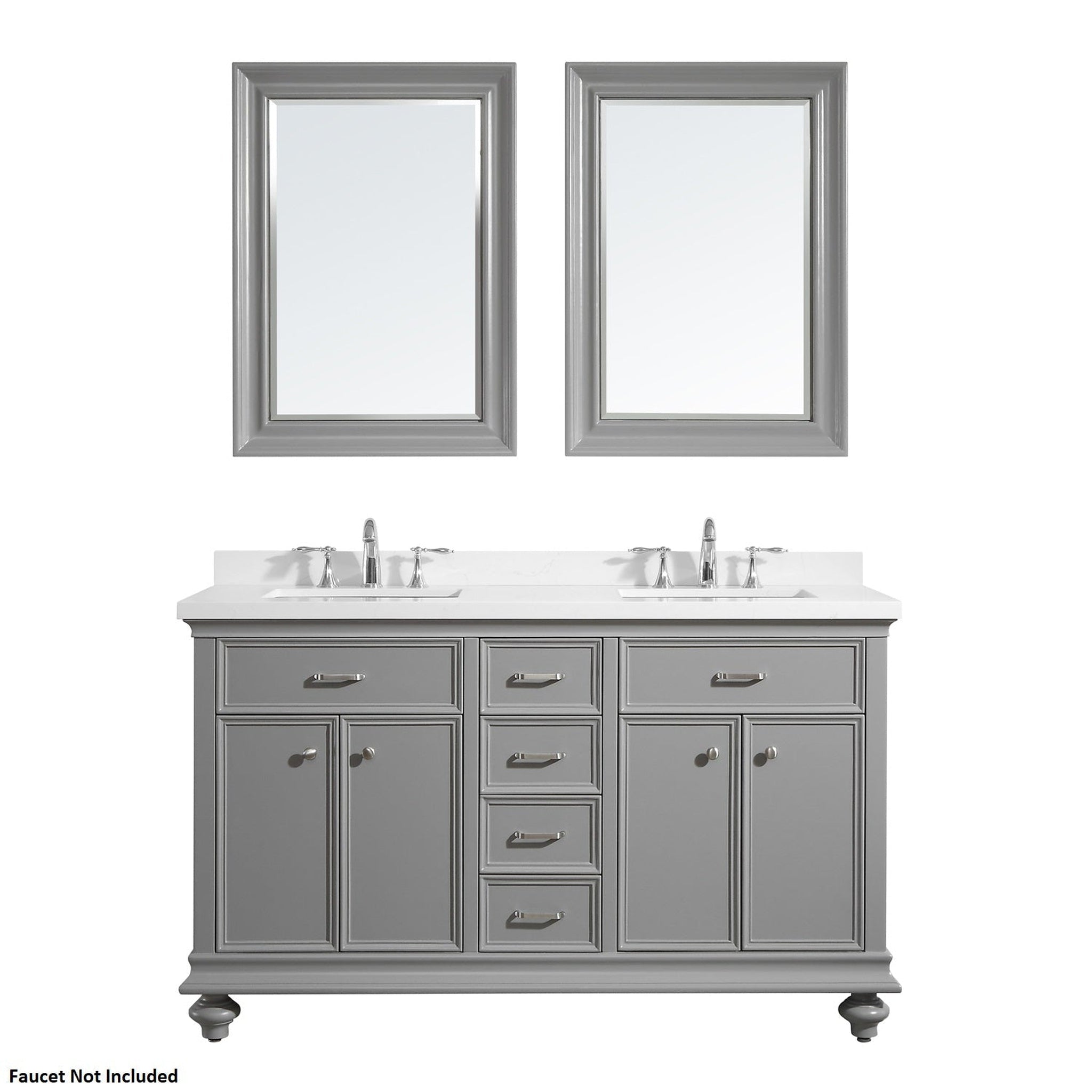 Vinnova, Vinnova Charlotte 60" Gray Freestanding Double Vanity Set In White Carrara Composite Quartz Stone Top With Undermount Ceramic Sink, Backsplash and Mirror