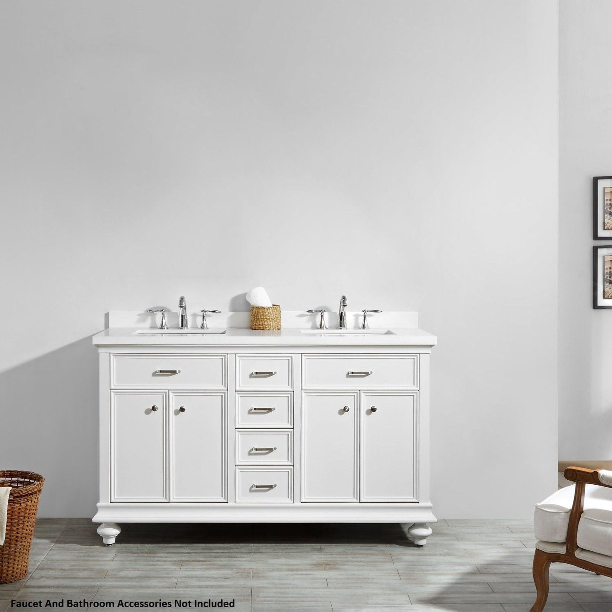 Vinnova, Vinnova Charlotte 60" White Freestanding Double Vanity Set In White Carrara Composite Quartz Stone Top With Undermount Ceramic Sink