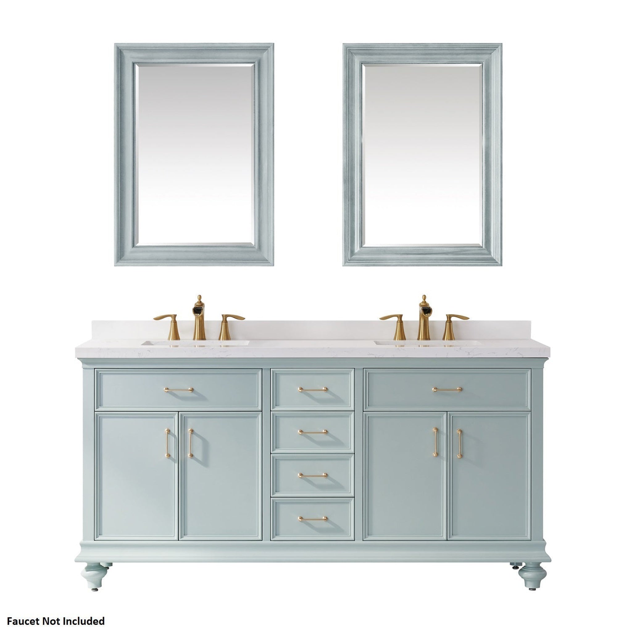 Vinnova, Vinnova Charlotte 72" Finnish Green Freestanding Double Vanity Set In White Carrara Composite Quartz Stone Top With Undermount Ceramic Sink, Backsplash and Mirror