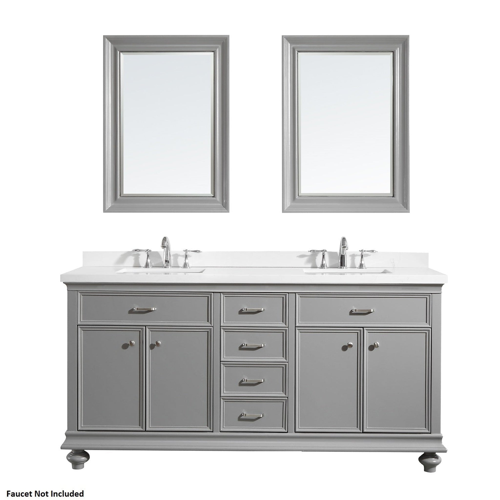 Vinnova, Vinnova Charlotte 72" Gray Freestanding Double Vanity Set In White Carrara Composite Quartz Stone Top With Undermount Ceramic Sink, Backsplash and Mirror