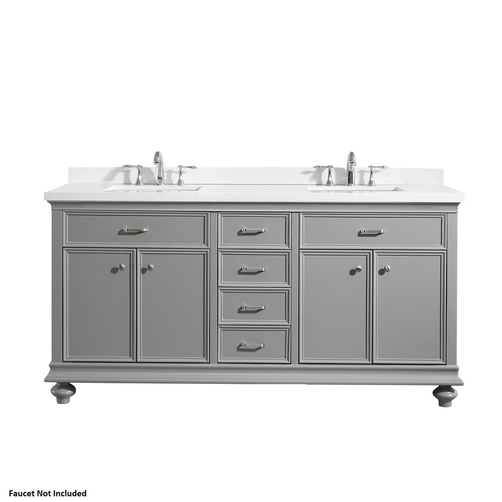 Vinnova, Vinnova Charlotte 72" Gray Freestanding Double Vanity Set In White Carrara Composite Quartz Stone Top With Undermount Ceramic Sink and Backsplash