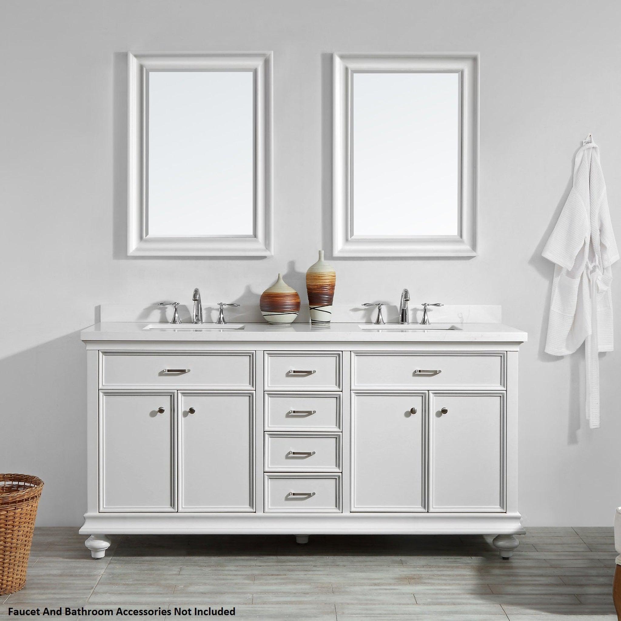 Vinnova, Vinnova Charlotte 72" White Freestanding Double Vanity Set In White Carrara Composite Quartz Stone Top With Undermount Ceramic Sink, Backsplash and Mirror